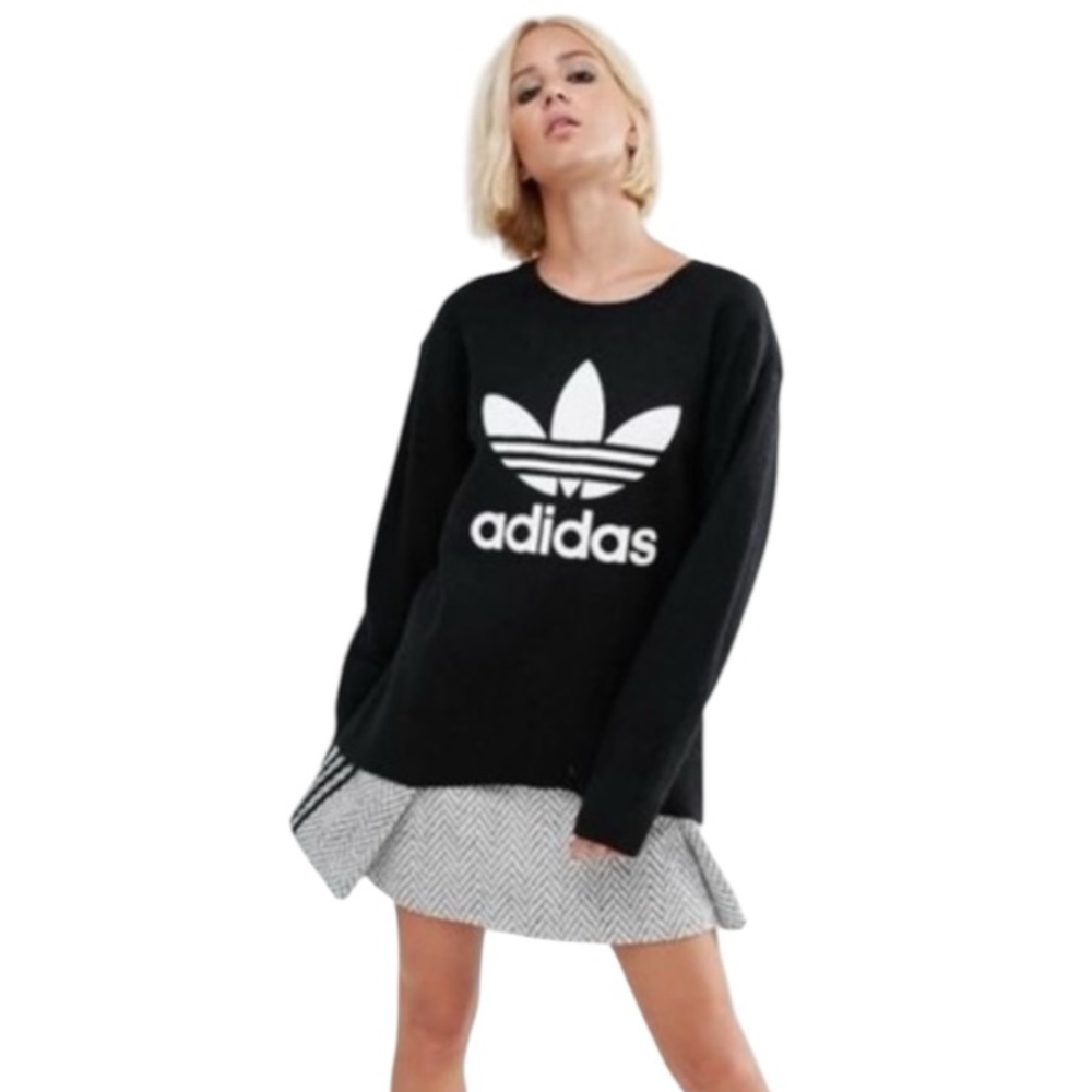 ADIDAS Trefoil 100% Wool Knit Crew Black/White Large Logo Sweater Size X-Large